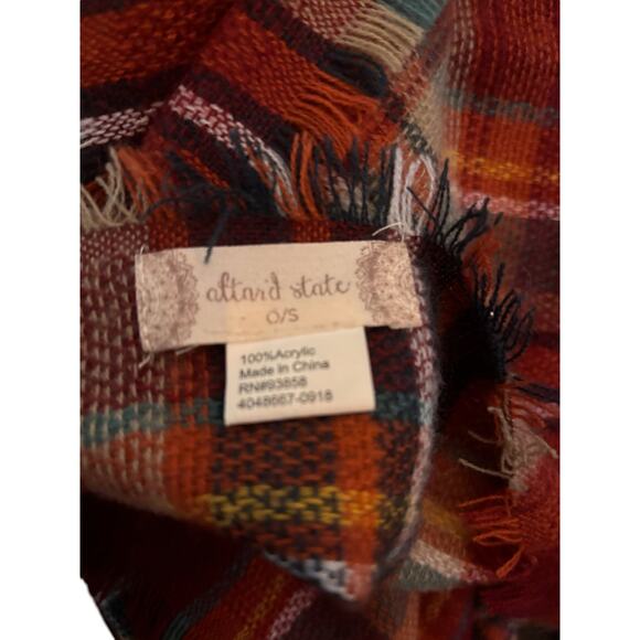 Altar'd State Plaid Blanket Scarf, Red Orange Fringe Wrap - Picture 2 of 2